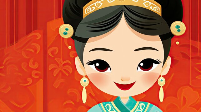 Happy smiling Asian princess cartoon character fairytale in 2D flat illustration style. Cute beauty woman in traditional dress. Generative AI