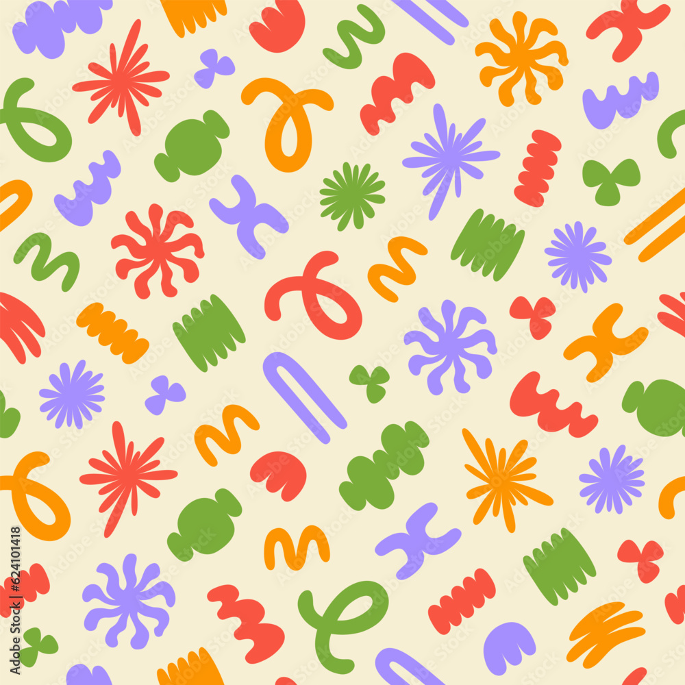 Poster abstract seamless pattern with colorful organic cartoon shapes on a beige background. trendy random 