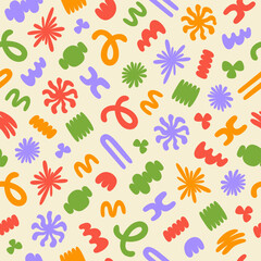 Fototapeta na wymiar Abstract seamless pattern with colorful organic cartoon shapes on a beige background. Trendy random shapes. Vector illustration