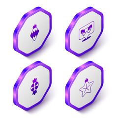 Set Isometric Christmas toy, Gift bow, Candy and star icon. Purple hexagon button. Vector