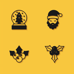 Set Christmas snow globe, Branch viburnum, and Santa Claus hat and beard icon with long shadow. Vector