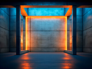 Futuristic Sci Fi neon glowing blue concrete walls hall room scene stage empty room interior. Ai generative illustration