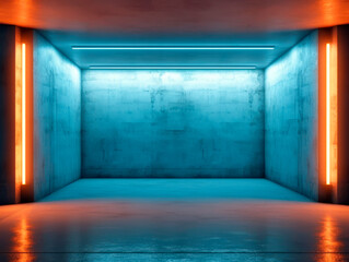 Futuristic Sci Fi neon glowing blue concrete walls hall room scene stage empty room interior. Ai generative illustration