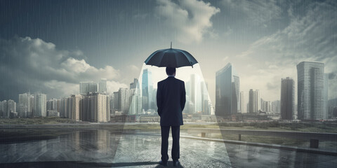 business insurance corporate risk malmanagement concept businessman with umbrella standing in rain in urban city landscape. generative ai