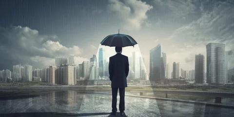 Fotobehang business insurance corporate risk malmanagement concept businessman with umbrella standing in rain in urban city landscape. generative ai © annaspoka