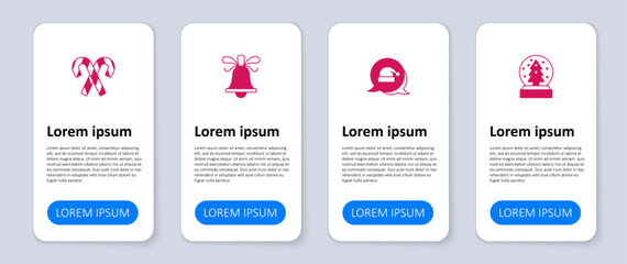 Set Christmas snow globe, Santa Claus hat, ringing bell and Candy cane with stripes. Business infographic template. Vector