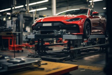 A car jack in a clean and modern car workshop. AI generated