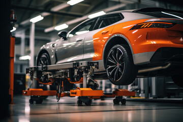 A car jack in a clean and modern car workshop. AI generated