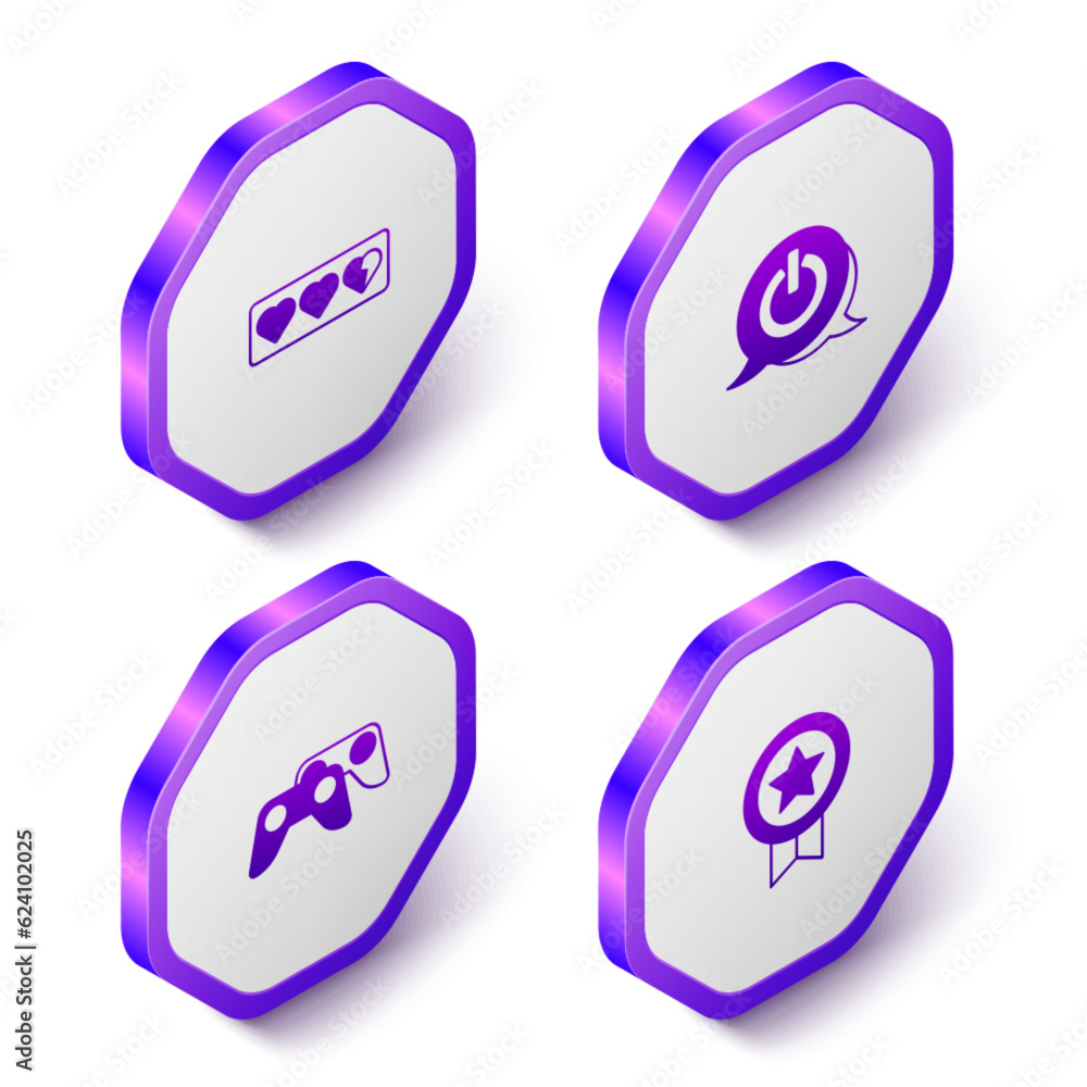 Poster set isometric game life bar, power button, controller or joystick and rating with medal icon. purple