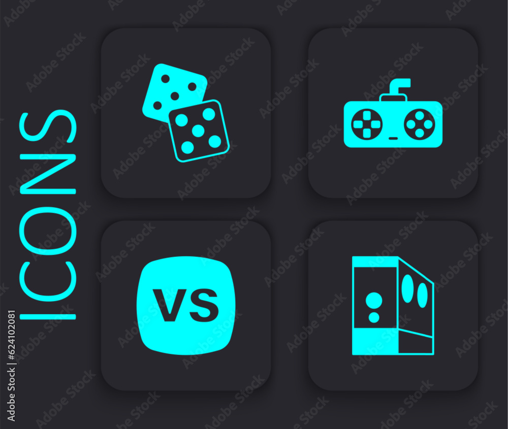 Poster set case of computer, game dice, controller or joystick and vs versus battle icon. black square butt