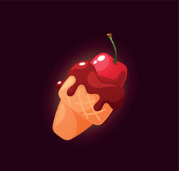 Iconic Cherry Ice Cream, Delicious Frozen Treat Adorned With Cherry On Top, And Choco Topping. Ui Or Gui Design Element