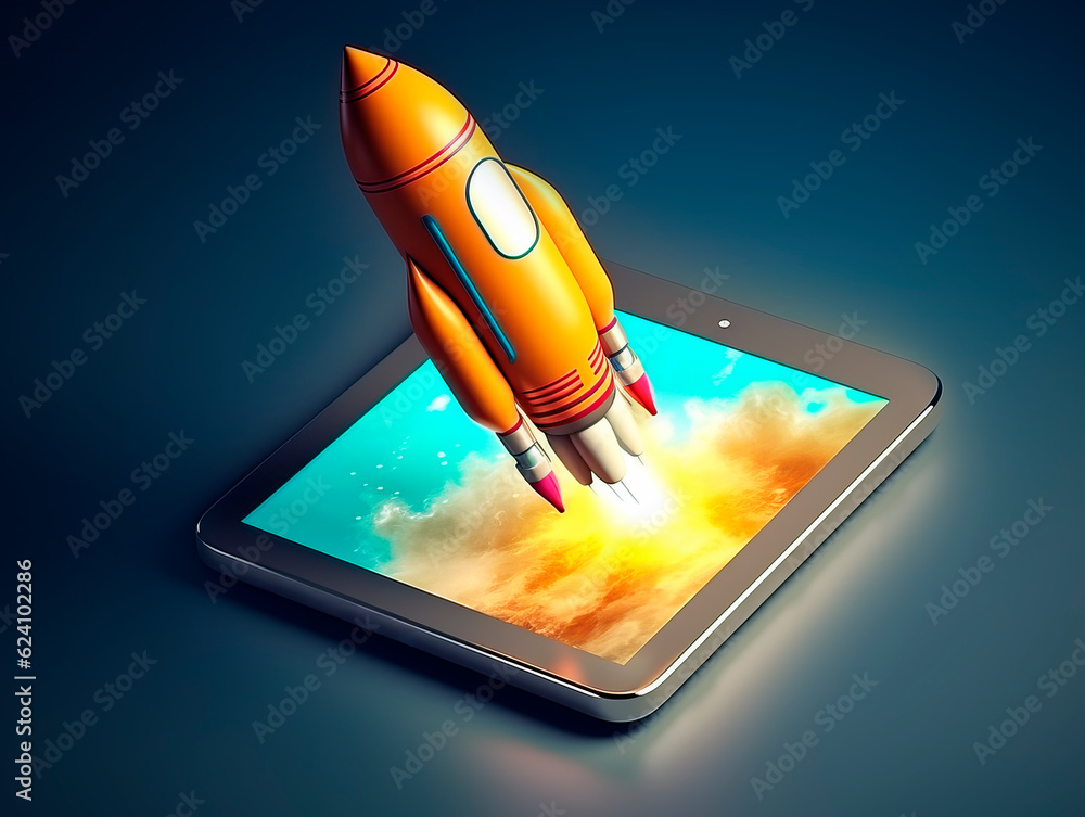 Aufkleber Spaceship launch from digital tablet. Rocket starts from mobile device screen. Concept of a successful start up of a business. Creative idea, education online. Ai Generative illustration