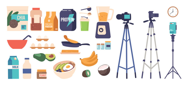 Sports Food Blogger Cooking Items Set. Photo Camera, Smartphone, Bowls, Protein, Fruit and Vegetable, Kitchen Tools