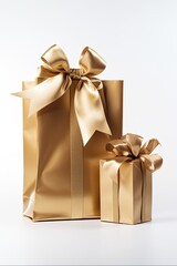 Gold Bag with Gifts - Isolated White Paper Shopping Bag with Gold Handle and Presents for Christmas Retail Shopping: Generative AI