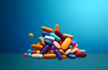 Stacked Pills on Blue Background - AI-Generated