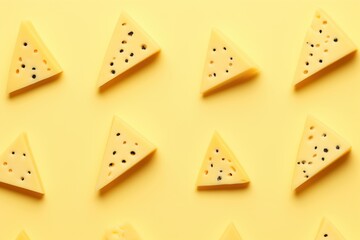 Triangular pieces of cheese on a pastel yellow background. AI generated