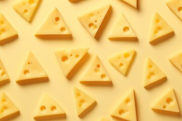 Triangular pieces of cheese on a pastel yellow background. AI generated