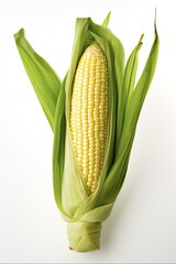 Isolated Corn Ear with Leaves on White Background. Perfect Image For Food and Vegetable Themes: Generative AI
