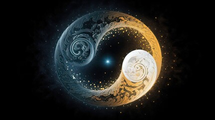 Majestic Yin-Yang in the Universe: A Spiritual, Esoteric Illustration of Synchronicity and Meditation Created by Digital Generative AI: Generative AI