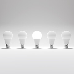 Five Lightbulb and One Glowing Lightbulb with White Background