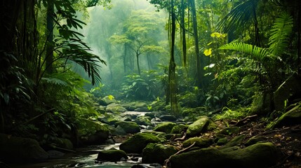 Lush Southeast Asian Rainforest: An Idyllic, Green Jungle Landscape with Towering Trees and Exotic Wildlife: Generative AI - obrazy, fototapety, plakaty