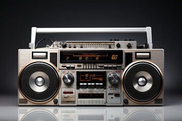Retro Ghetto Blaster Boom Box with Clipping Path. Isolated on White with Stereo Recorder, Old Deck, and Vintage Radio Music Player. Generative AI
