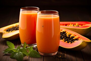 Fototapeta na wymiar Refreshing Papaya Smoothie in Tall Glasses. Healthy and Fresh Beverage Made with Fresh Papaya, Perfect as a Juice or Snack: Generative AI