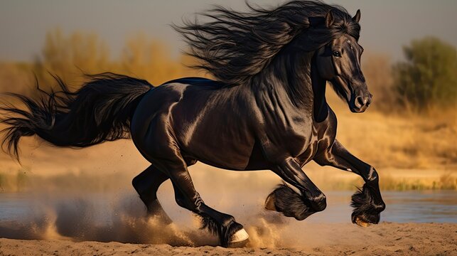 Running Free: Beautiful Marwari Black Stallion in Action - A Stunning Display of Equine Beauty and Power in a Domestic Setting: Generative AI
