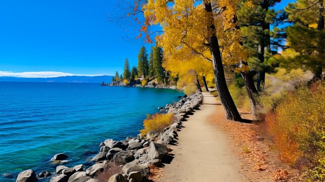 Scenic East Shore Trail in Incline Village, Nevada: A Breathtaking Landscape of Mountains and Water in Lake Tahoe: Generative AI