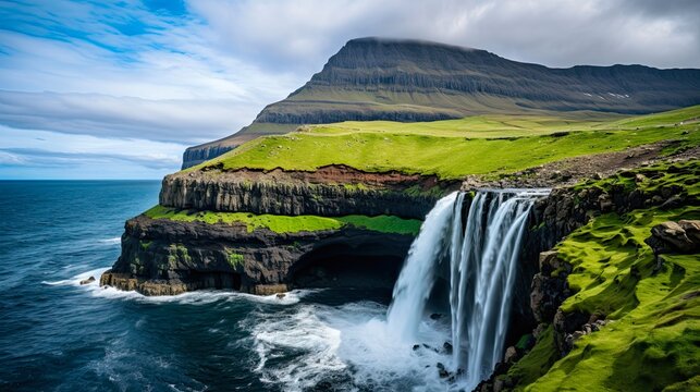 Scenic Beauty of Mulafossur Waterfall in Faroe Islands amidst Mountains and Azure Waters. Generative AI