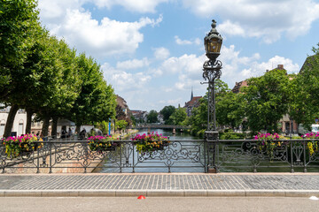 view from a bridge over the river Ill in strasbourg, france - obrazy, fototapety, plakaty