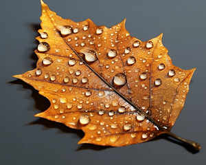 Detailed Macro Shot of an Autumn Leaf with Visible Veins and Droplets - Generative AI
