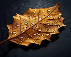 Intricate Detail of a Rain-Dappled Fall Leaf in Macro View - Generative AI