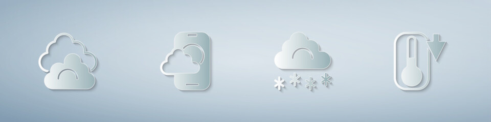 Set Cloud, Weather forecast app, with snow and Thermometer. Paper art style. Vector