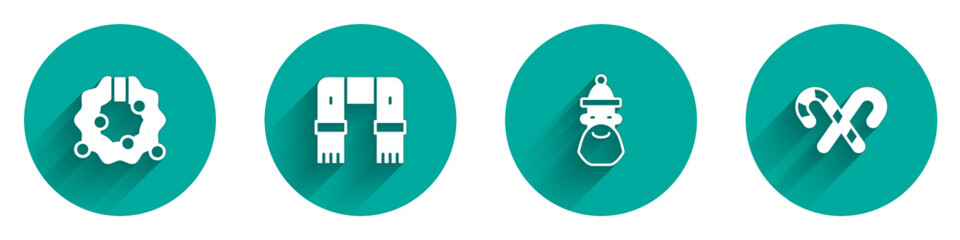 Set Christmas wreath, Winter scarf, Santa Claus hat and beard and Candy cane with stripes icon with long shadow. Vector
