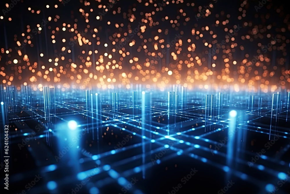 Poster abstract futuristic technology concept of data transfer with glowing wire and dots background. gener
