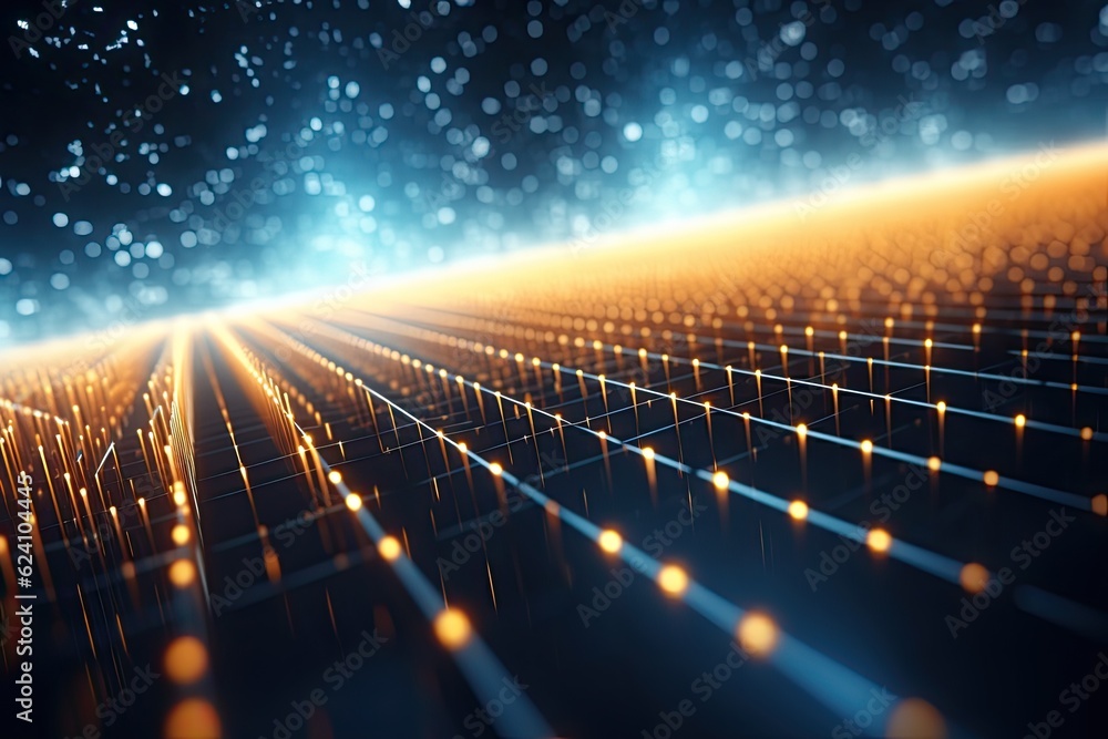 Poster abstract futuristic technology concept of data transfer with glowing wire and dots background. gener