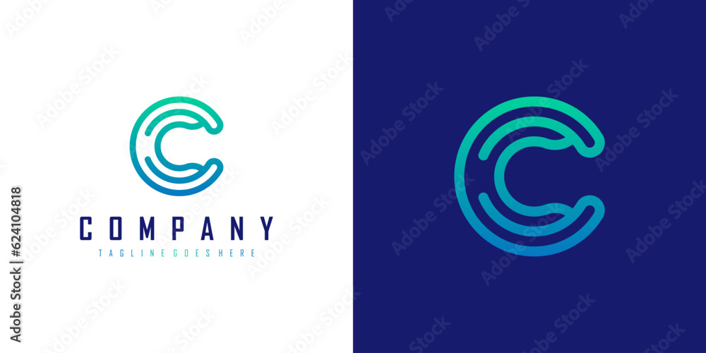Poster abstract initial letter c logo. blue green circular rounded line infinity style isolated on dual bac