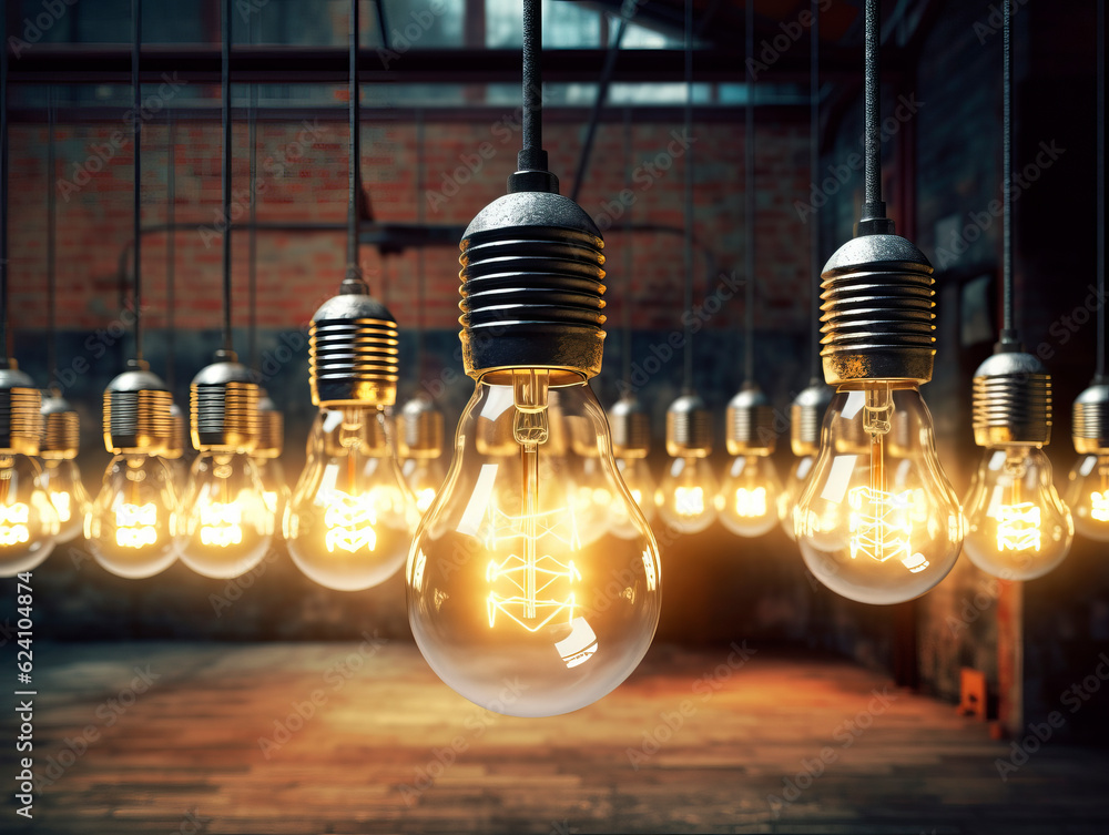 Poster Multiple retro-style light bulbs hang from the ceiling in a dark room, casting a nostalgic glow. They create a captivating vintage ambiance. Idea concept. Teamwork. AI generative illustration.