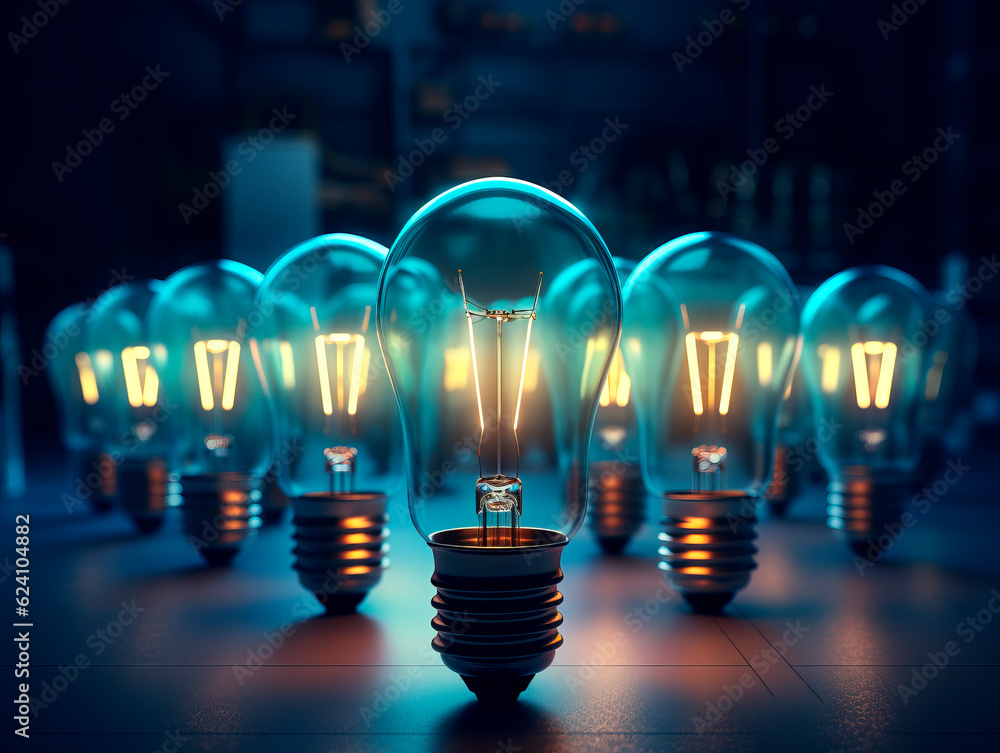 Poster A group of Multiple retro-style light bulbs in a dark room, casting a nostalgic glow. They create a captivating vintage ambiance. Idea concept. Teamwork. AI generative illustration.