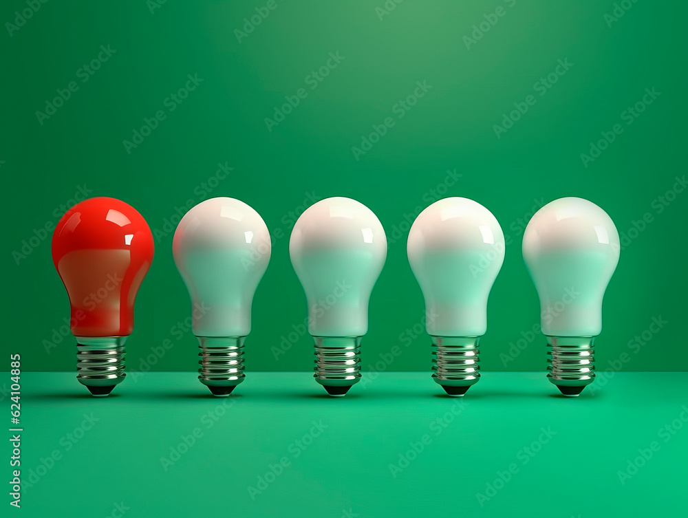 Poster A row of 5 white light bulbs, capturing attention with one distinct bulb glowing in red. Symbolic of the significance of differentiation and the power of choice. The concept of Idea. AI generative.