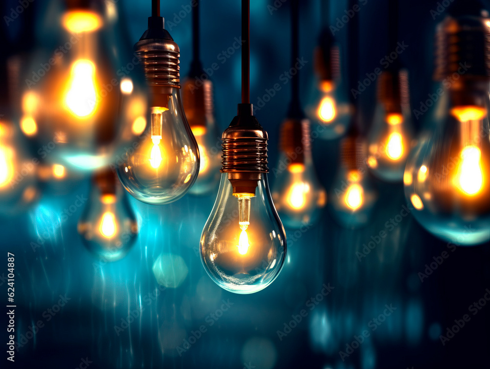 Poster Multiple retro-style light bulbs hang from the ceiling in a dark room, casting a nostalgic glow. They create a captivating vintage ambiance. Idea concept. Teamwork. AI generative illustration.