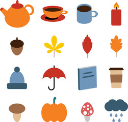 Autumn set, vector. Leaves and a pumpkin, mushrooms and an acorn, a teapot and mugs, a cup of coffee, a candle and a book, a hat, an umbrella and a cloud with rain.