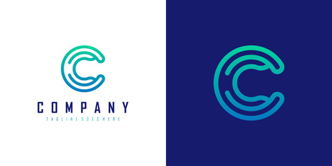 Abstract Initial Letter C Logo. Blue Green Circular Rounded Line Infinity Style isolated on Dual Background. Flat Vector Logo Design Template Element for Business and Technology Logos.