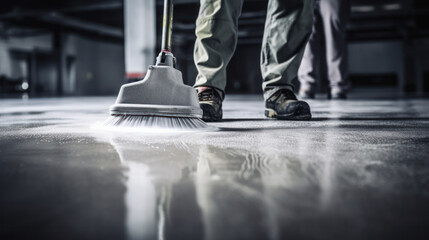 Fototapeta premium The worker applies gray epoxy resin to the new floor
