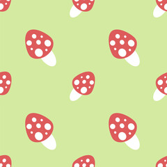 Autumn seamless pattern, fly agaric, vector. Fly agaric mushrooms on a light green background.