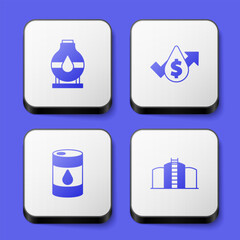 Set Oil tank storage, price increase, Barrel oil and icon. White square button. Vector
