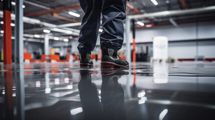 Fototapeta premium The worker applies gray epoxy resin to the new floor