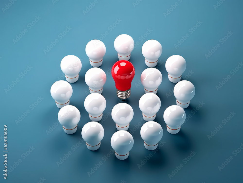 Aufkleber Many white light bulbs, capturing attention with one distinct bulb glowing in red. Symbolic of the significance of differentiation and the power of choice. The concept of Idea. AI generative.