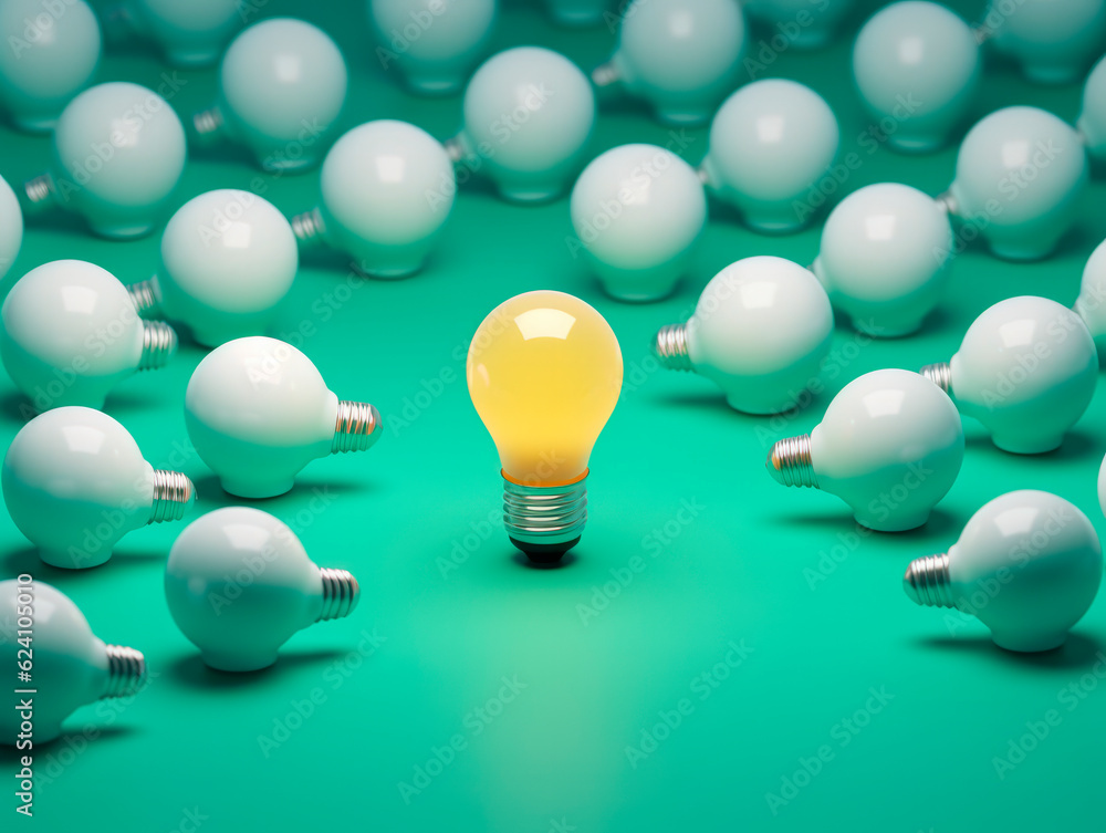 Poster Many white light bulbs, capturing attention with one distinct bulb glowing in yellow. Symbolic of the significance of differentiation and the power of choice. The concept of Idea. AI generative.